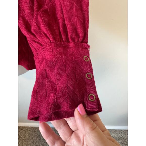 CAFFÉ MARRAKESH XL Berry Chevron Textured Henley Blouse Top Balloon Sleeve Tunic - Picture 6 of 10